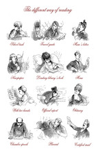 Vintage Caricatures And Fun:readers And The Different Way Of Reading, Men And Women Illustrated With Humor