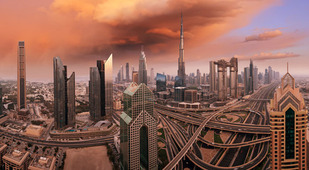 Wall Mural - Dubai skyline during sunrise, United Arab Emirates.