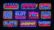 Casino Collection Neon Signs Vector Design Template. Casino Neon Logo, Light Banner Design Element Colorful Modern Design Trend, Night Bright Advertising, Bright Sign. Vector Illustration