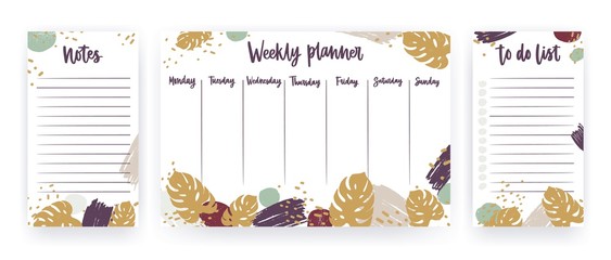 Poster - Bundle of weekly planner, sheet for notes and to do list templates decorated with tropical monstera leaves, artistic paint stains and brush strokes. Planning and scheduling. Vector illustration.