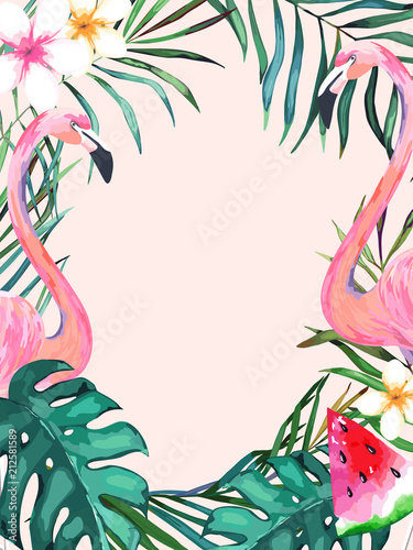 Summer frame with tropical jungle leaves and pink flamingo.Vector aloha illus...