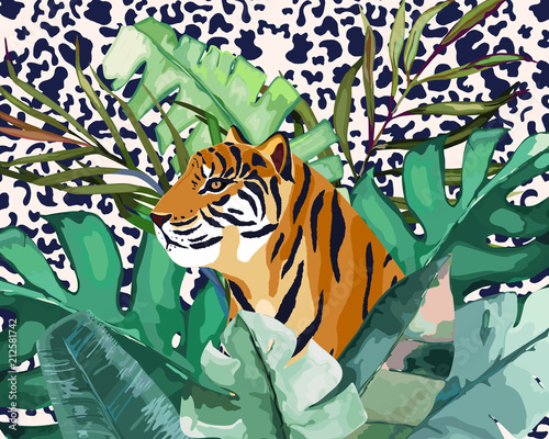 Summer frame with tropical jungle leaves and tiger.Vector aloha illustration....