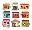Collection of shop buildings isolated on white background. Stores selling baked and farm products, pizza, flowers, books, wine, meat, candies, toys. Colorful vector illustration in cartoon flat style.