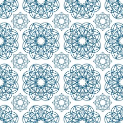 Poster - Geometric seamless pattern with circular shapes drawn with blue contour lines on white background. Arabic geometrical backdrop. Monochrome vector illustration for wrapping paper, textile print.