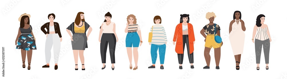 Collection of plus size women dressed in stylish clothing. Set of curvy girls wearing trendy clothes. Female cartoon characters isolated on white background. Colored vector illustration in flat style. - obrazy, fototapety, plakaty 