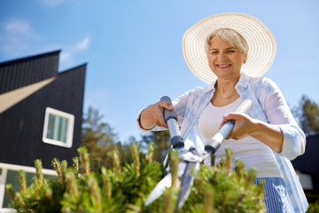 Canvas Print - gardening, trimming and people concept - happy senior woman or gardener with hedge trimmer at summer garden