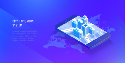 Wall Mural - City navigation system. Smart city in a mobile phone. Mobile application for navigation. Modern vector illustration isometric style.