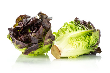 Group of two whole fresh green lettuce red little gem variety pair of heads isolated on white...........................................................................