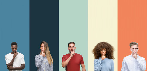 Canvas Print - Group of people over vintage colors background asking to be quiet with finger on lips. Silence and secret concept.