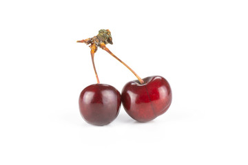 Group of two whole sweet bright red cherry with a joined stem isolated on white...........................................................................