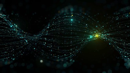 Fototapete - 3d render abstract particle background. Lines made of a lot of particles with glow ones are twisted in curved shape. Loopable sequence.