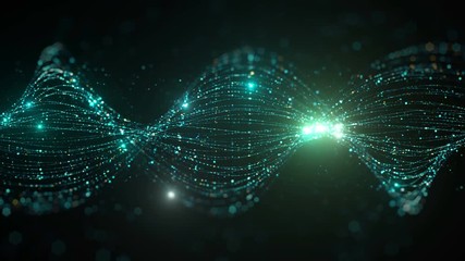 Fototapete - 3d render abstract particle background. Lines made of a lot of particles with glow ones are twisted in curved shape. Loopable sequence.