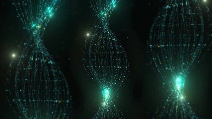 Fototapete - 3d render abstract particle background. Lines made of a lot of particles with glow ones are twisted in curved shape. Loopable sequence.