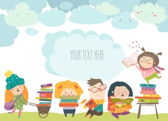 Sticker - Group of cartoon children reading books