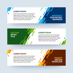 set of three vector abstract baners. trendy modern flat material design style. blue, green and orang