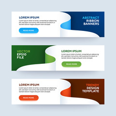 set of three vector abstract baners. trendy modern flat material design style. blue, green and red c