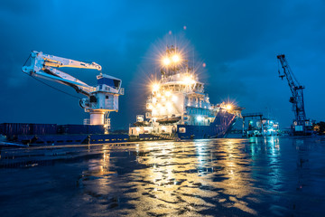 view of  a old condition port in a cloudy evening after rain