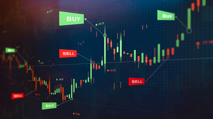 Wall Mural - Futuristic stock exchange scene with chart, numbers and BUY and SELL options (3D illustration)