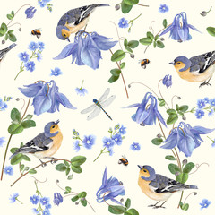 Wall Mural - Blue flower bird pattern