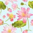 Vector botanical seamless pattern with pink lotus flowers. Background design for natural cosmetics, health care and ayurveda products, yoga center. Best for wrapping paper