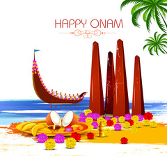 Canvas Print - Happy Onam with Onathappan and boat race background for Festival of South India Kerala