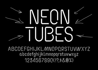 Neon tube font, uppercase and lowercase typography, numerals and symbols, soft and light minimalistic stencil letters for neon signs and advertising boards