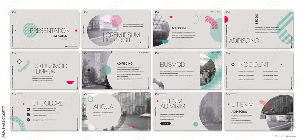 Presentation template. Round elements for slide presentations on a gray background. Use also as a flyer, brochure, corporate report, marketing, advertising, annual report, banner. Vector - obrazy, fototapety, plakaty 