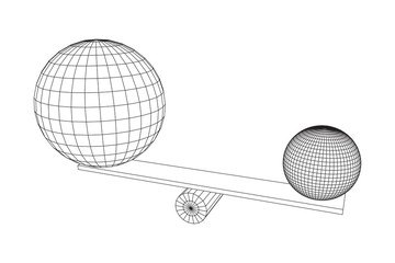 Simple seesaw scales weighing big and small abstract spheres. Balance, comparison and equality concept. . Wireframe low poly mesh vector illustration