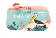 Hand Drawn Vector Abstract Cartoon Summer Time Graphic Illustrations Banner Background With Ocean Beach Landscape,pink Sunset View,pelican Bird And Beach Holidays Typography Quote Isolated On White