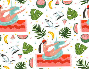 Wall Mural - Hand drawn vector abstract cartoon summer time graphic illustrations seamless pattern with relaxing girl,beach birds,watermelon,banana fruits and tropical palm leaves isolated on white background