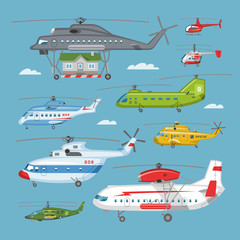 Wall Mural - Helicopter vector copter aircraft or rotor plane and chopper jet flight transportation in sky illustration aviation set of aeroplane and airfreighter cargo with propeller isolated on background