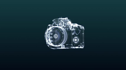 Photo camera being formed by particles. Blue abstract futuristic science and technology background. 3D rendering