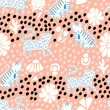 vector cute jaguars and tigers with flowers seamless pattern. Kids jungle cat background