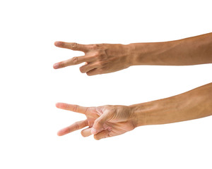 Wall Mural - Clipping path hand gestures isolated on white background. Hand making number two sign or symbol gesture. Back and front hand gesture.