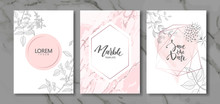 Luxury Cards Collection With Marble Texture And Hand-drawn Plants.Vector Trendy Background. Modern Set Of Abstract Card, Template,posters,invitation