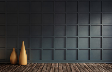 Wall Mural - 3d rendering illustration of living room with luxury dark blue wooden wall panel and hardwood floor. Classic interior decorated with two fashion golden vases. Gorgeouos texture of squares.