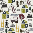 Seamless pattern with countryside landscape. Farm,house and working man. Hay and harvest. Agriculture. Scandinavian style.