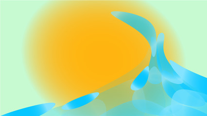 Poster - Texture of transparent blue abstract volumetric fashionable magic light air cosmic circles, drops, splashes, waves against a gradient sun background and copy space. illustration.