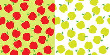 Red And Green Apples Seamless Vector Pattern Tiles. Repeating Print. Perfect For Back To School Or Apple Picking Or Food Packaging. Randomly Arranged Apples Background. Pattern Swatches Are Included.