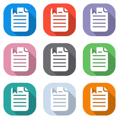 Poster - document with text and bookmark. Set of white icons on colored squares for applications. Seamless and pattern for poster