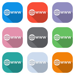 Poster - symbol of internet with globe and www. Set of white icons on colored squares for applications. Seamless and pattern for poster