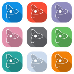 Poster - scientific atom symbol, abstract creative logo, simple icon. Set of white icons on colored squares for applications. Seamless and pattern for poster