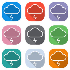 Poster - cloud and lightning. simple outline icon. linear symbol with thin outline. Set of white icons on colored squares for applications. Seamless and pattern for poster