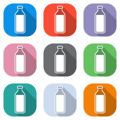 Poster - bottle of water, simple icon. Set of white icons on colored squares for applications. Seamless and pattern for poster