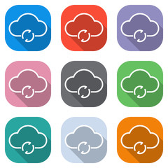 Poster - outline update simple cloud icon. linear symbol with thin outline. Set of white icons on colored squares for applications. Seamless and pattern for poster