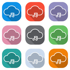 Poster - Cloud music library, striming. Simple linear icon with thin outline. Set of white icons on colored squares for applications. Seamless and pattern for poster