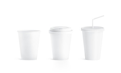 Fototapete - Blank white small paper cup with and without lid mockup, isolated, 3d rendering. Empty paper soda drinking mug mock up with cap and straw. Clear soft drink cola take away plastic package