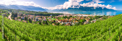Fotomural Panorama view of Montreux city with Swiss Alps, lake Geneva and vineyard on Lava