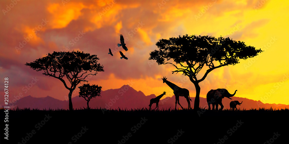illustration of a bright sunset in africa, safari with wild animals: giraffes and elephants against the background of sunset in the savannah - obrazy, fototapety, plakaty 