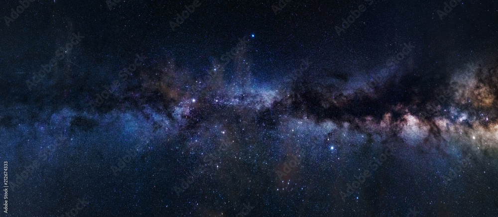 Panoramic astrophotography of visible Milky Way galaxy. Stars, nebula and stardust at night sky - obrazy, fototapety, plakaty 